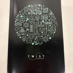 Black composition book with logo